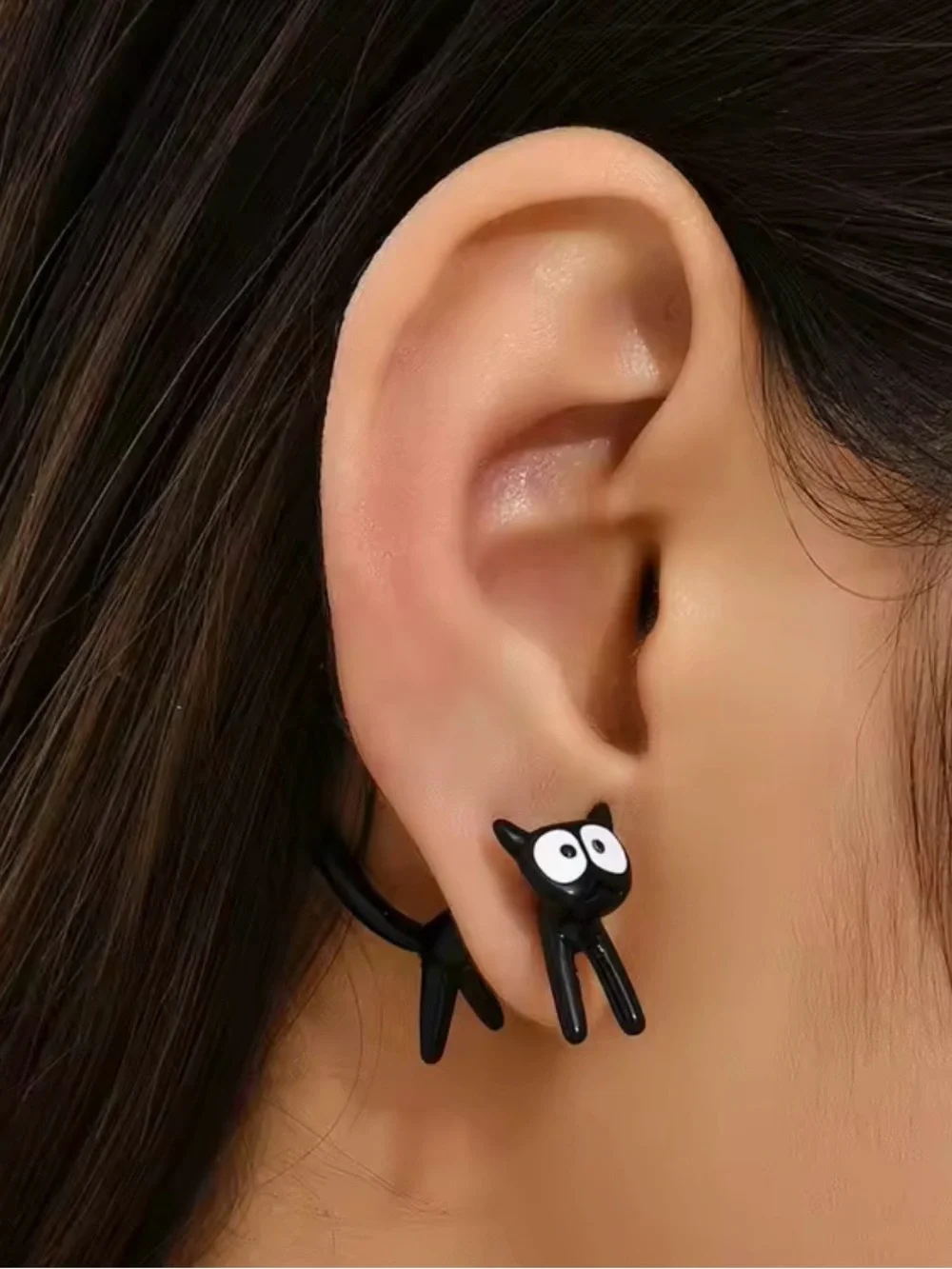Cute Black Cat Stud Earrings with White Eyes - Picture 3 of 8